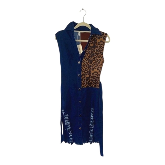 Leopard and Denim Partial Snap Front Sleeveless Dress New Co Bella - Picture 1 of 8